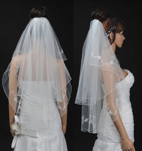 Artwedding 2 Tier Fingertip Wedding Bridal Veil with Embroidery, Ivory
