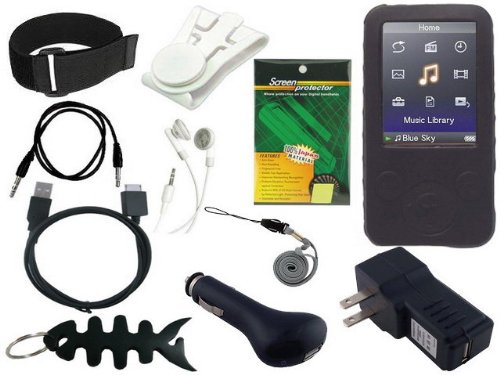 11 Items Premium Accessory Combo for Sony Walkman NWZ E436/E436F E438/E438F Series (includes: Universal Car Charger + Universal Wall Charger + usb data straight cable + Black Silicone Skin Case + Adjustable Armbrand + Belt Clip + Screen Protector +3.5mm~3.5mm straight Auxiliary mp3 cable + White Stereo Headphone & Fishbone style Keychain)