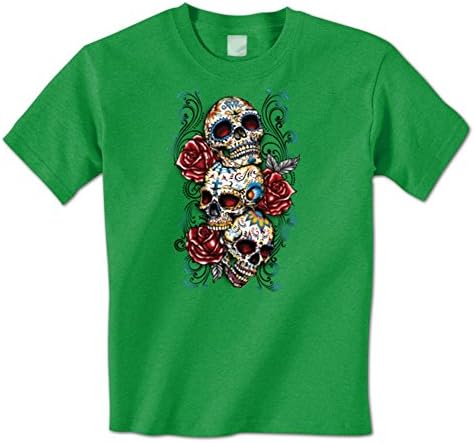 Day Of The Dead Sugar3 Skulls 3 Roses Cross Dia De Los Muertos Mens T-Shirt XXL Kelly