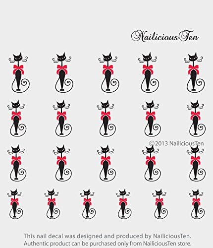 NAILICIOUS TEN Stylish Cat with Red Bow Nail Art Water Transfer Decal 21pcs by NailiciousTen - ST8032
