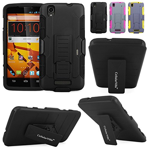 Cellularvilla Kickstand Case For ZTE Max N9520 (Boost Mobile) 3pc 3rd Gen Hard Soft Hybrid Kickstand Case with Holster Belt Clip Case Cover (Black)