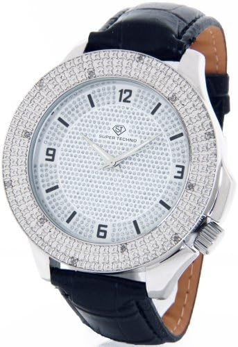 Mens Super Techno Diamond Watch Genuine Diamond Watch Oversized Silver Case Leather Band w/ 2 Interchangeable Watch Bands