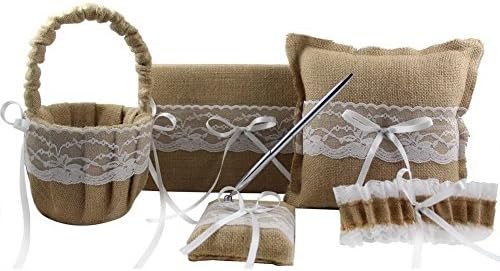 Vijara Burlap Hessian Lace Wedding Guest Book&amp; Pen Set Ring Pillow Flower Basket Garter Favors Khaki Burlap Lace Rustic Wedding Ring Pillow Flower Basket Guest Book &amp; Pen Set Garter Bridal Favors
