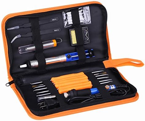 Imoch 60W 110V Electric Soldering Iron Kit with on/off switch,including Adjustable Temperature Welding Iron,5pcs Tips,Desoldering Pump,2pcs Tweezers,Tin Wire Tube,Stand and 6pcs Aid Tools in PU Bag