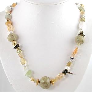 Aquamarine and Citrine Gemstone Bead with Czech Glass and Swarovski Crystals 29" Necklace with Sterling Silver and Gold Vermeil, #8818