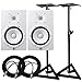 Yamaha HS Series HS8 - 8 Inch 2 way Bass Reflex Bi amplified Nearfield Active Powered Studio Monitor in White (Pair) with Studio Monitors Stands and Microphone Cables