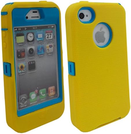 Iphone 4S case, Lucky On Durable Protective Dual Layer Hybrid Armor Defender Heavy Duty Shell Shockproof Case built-in Transparent Screen Protector for iPhone 4 4S (Yellow &amp; Blue)