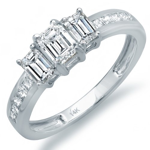 14k White Gold Emerald and Princess Diamond Ladies 3 Stone Engagement Bridal Ring (1.00 ct.tw, G-H Color, SI-I Clarity)