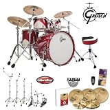 Gretsch Renown 57 Motor City Red (RN57-E825-MCR) 5-Piece Shell Pack With Gibraltar 6601 Hardware Pack, Sabian Xs20 Cymbal Set, Evans Drum Set Survival Guide & LP201BK-P LP Rumba Shaker