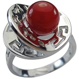 Red Jade Fortune, Luck, Health and Longevity Chinese Symbol Platinum Overlay Sterling Silver Ring