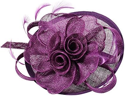 Pandahall 1 Pcs Elegant Darkviolet Fascinators for Weddings, Flower Organza with Feather, 120mm