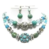 Beautiful Double Strand Turquoise Natural Stone and Mixed Beads Necklace and Earrings Set Fashion...