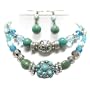 Beautiful Double Strand Turquoise Natural Stone and Mixed Beads Necklace and Earrings Set Fashion Jewelry