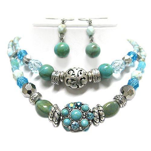 Beautiful Double Strand Turquoise Natural Stone and Mixed Beads Necklace and Earrings Set Fashion Jewelry