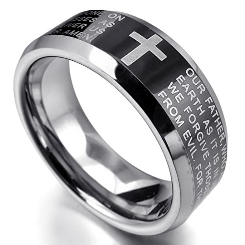 Men's Tungsten Ring Band Black Silver Tone Comfort Fit Cross English Bible Lords Prayer