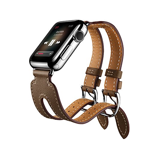 EloBeth for Apple Watch Band Series 2 Series 1,Double Buckle Cuff Apple Watch Leather Band, iWatch Band Genuine Leather Band Wrist Watch Band with Adapter for Apple Iwatch (Double Cuff Coffee 42mm)