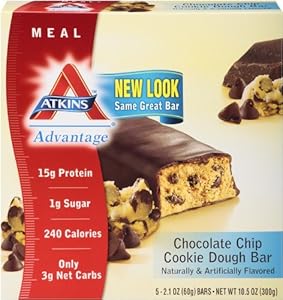 Atkins Advantage Chocolate Chip Cookie Dough Meal Bar, 5 Count Bars (Pack of 6)