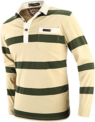 SlJeep Men's Fashion Casual Cotton Brand Stripe Long Sleeve Lapel T-shirt Size M Color Beige