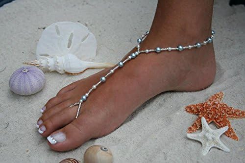 Barefoot Sandal/Simply Elegant White And Baby Blue Pearls With Silver Beads/Pearl Barefoot Sandals/White Barefoot Sandals/Elegant Pearl Holiday Accessory