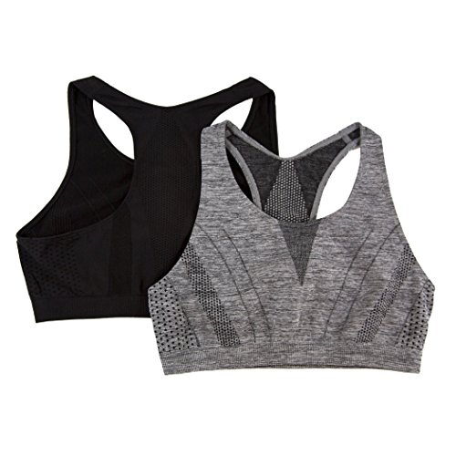 Fruit of the Loom Big Girls Performance Racerback Sport Bras 2 Pack, Black/Dark Grey Heather, 32