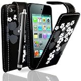 AIO Black Leather Floral Flip Case For Apple Ipod Touch 4 + Stylus