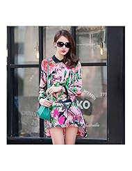 General Print  Belted Lace Silk  Dress With Pearls