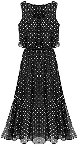 OURS Womens Sleeveless Polka Dot Maxi Long Casual Summer Beach Party Chiffon Dress (L, Black)