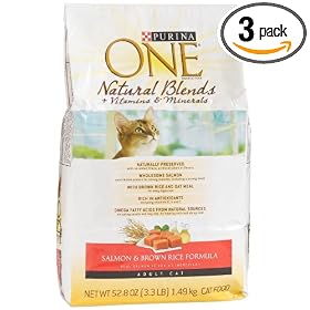 Purina One Cat Food Natural Blends Salmon & Brown Rice Formula, 3.3-Pound Bags (Pack of 3)