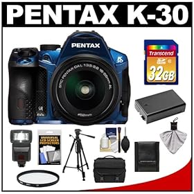 Pentax K-30 Weather Sealed Digital SLR Camera with DA L 18-55mm Lens (Blue) with 32GB Card + Case + Battery + Flash + Tripod + Filter + Accessory Kit