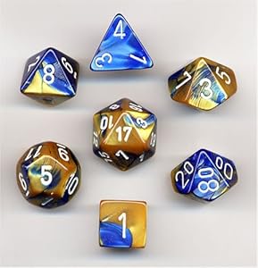 Polyhedral 7-Die Gemini Dice Set - Blue-Gold with White