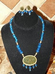 Birthday Gift- Gold Plated Turquoise Beaded Thewa Indian Necklace Set Ethnic Design Set 3p