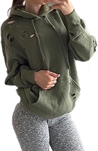 Fashion Women Long Sleeve Ripped Hoodie Sweatshirt with Pocket (S)