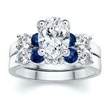 3.00 CT OVAL DIAMOND W ROUND BLUE SAPPHIRE RING SET