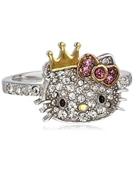 Hello Kitty Girls "Princess Pave" Sterling Silver Pave Crystal Face Pink Crystal Bow Yellow Gold Plated Crown Ring, Size 7