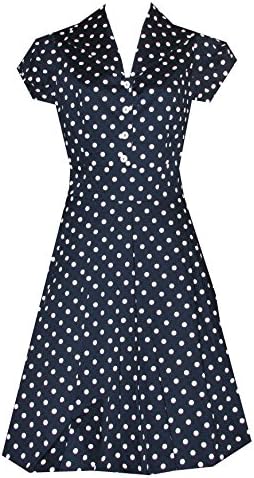 Vintage Style Retro Housewife Collar Medium Polka Dot Dress (Small, Navy)