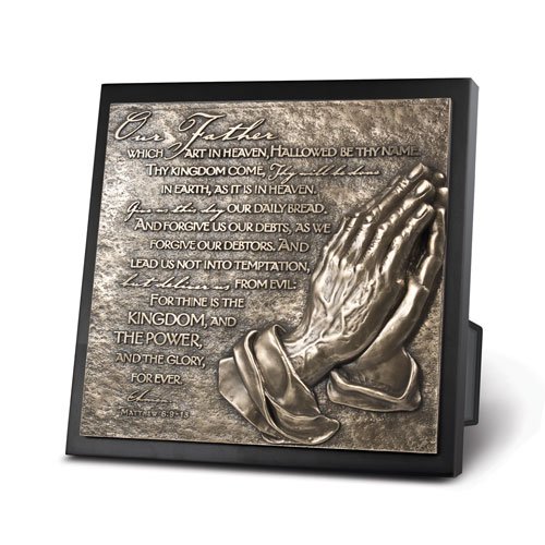 3-D Sculpted Hand-Cast Resin Plaque with Easel Stand and Wall Hanger, Size 8.75x8.75 inches (Lord's Prayer)