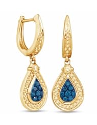 10K Yellow Gold Round Brilliant Cut Blue and White Diamond - Pear Shape Huggies Channel Set Dangle Earrings - (.53 cttw.)