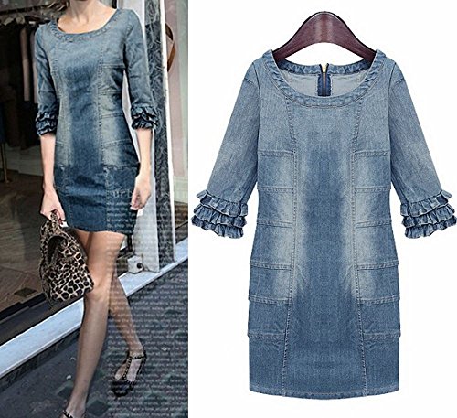 (リリレナ)LiLiRenaデニム　ティアード　袖　フリル　ジッパー　スリム　七分丈　ワンピース 100214-j1