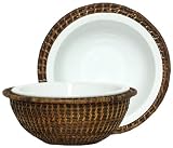 Woven Rattan Round Basket with Medium White Ceramic Rim Bowl 9 1/4"D x 3 3/4"H