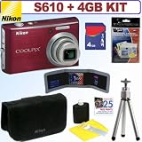 Nikon Coolpix S610 10MP Digital Camera (Deep Red) + 4GB Accessory Kit