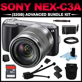 Sony Alpha NEX-C3A (Black) 16MP Compact Interchangeable Digital Camera with 16mm f2.8 Wide Angle Lens (32GB Advanced Bundle Kit) includes Charger, x2 Batteries, 32GB SD Card, Card Wallet, HDMI Cable, Mini Tripod, Lens Pen, Cleaning Kit