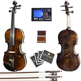 Mendini by Cecilio MV650 Ebony Fitted Flamed 1-Piece Maple Back Violin + Chromatic tuner w/ Metronome, 2 Bows, Extra Set of Strings, Shoulder Rest, Extra Bridge & Case in 4/4 (Full Size)