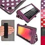 igadgitz 'Vintage Kollection' Lila mit Weißen Polka Punkte PU Ledertasche Hülle Folie für Google Nexus 7 FHD 2013 Model 2. Generation Mit Multi-Winkel Betrachtungs-stand + Handschlaufe + Auto Sleep/Wake + Displayschutzfolie