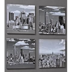 4er SET BILD NEW YORK SKYLINE MANHATTAN KUNSTDRUCK FERTIG AUF HOLZRAHMEN