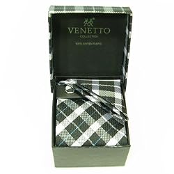 Designer Woven Plaid Check pattern Neck Tie Cufflink Handkerchief Gift Set Black White Blue Hanky Necktie Cuff link with Gift Box.