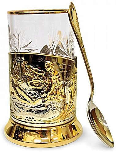 Hunters At Rest Drinking Gold , Nickel-plated Glass Holder Podstakannik