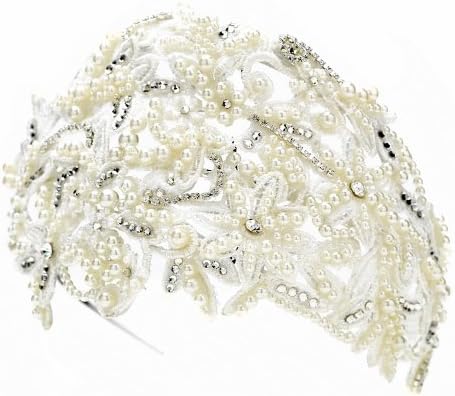 Exquisite Simulated Ivory Pearl Rhinestone Russian Tulle Cap Bridal Headband