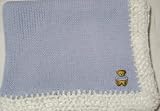 Knitted on Hand Knitting Machine Blue Cotton Hand Crochet Finished with White Rayon Chenille Infant Boys Large Blanket Size 32 By 45 Inches Trimmed with Teddy Bear Patch