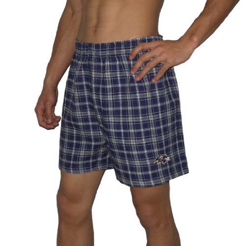 Mens NFL Baltimore Ravens Plaid Cotton Boxer Shorts / Pajama Lounge Shorts - Purple & White (Size: XL)