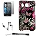 Black Glossy with Magenta Butterflies and Garden Design Cover / 2 Piece Snap On Crystal Protective Hard Case for HTC Inspire 4G Android Cell Phone ( AT&T ) * Includes High Quality HD Noise Filter Earphones with Microphone * Includes Anti Glare Screen Protector Guard.